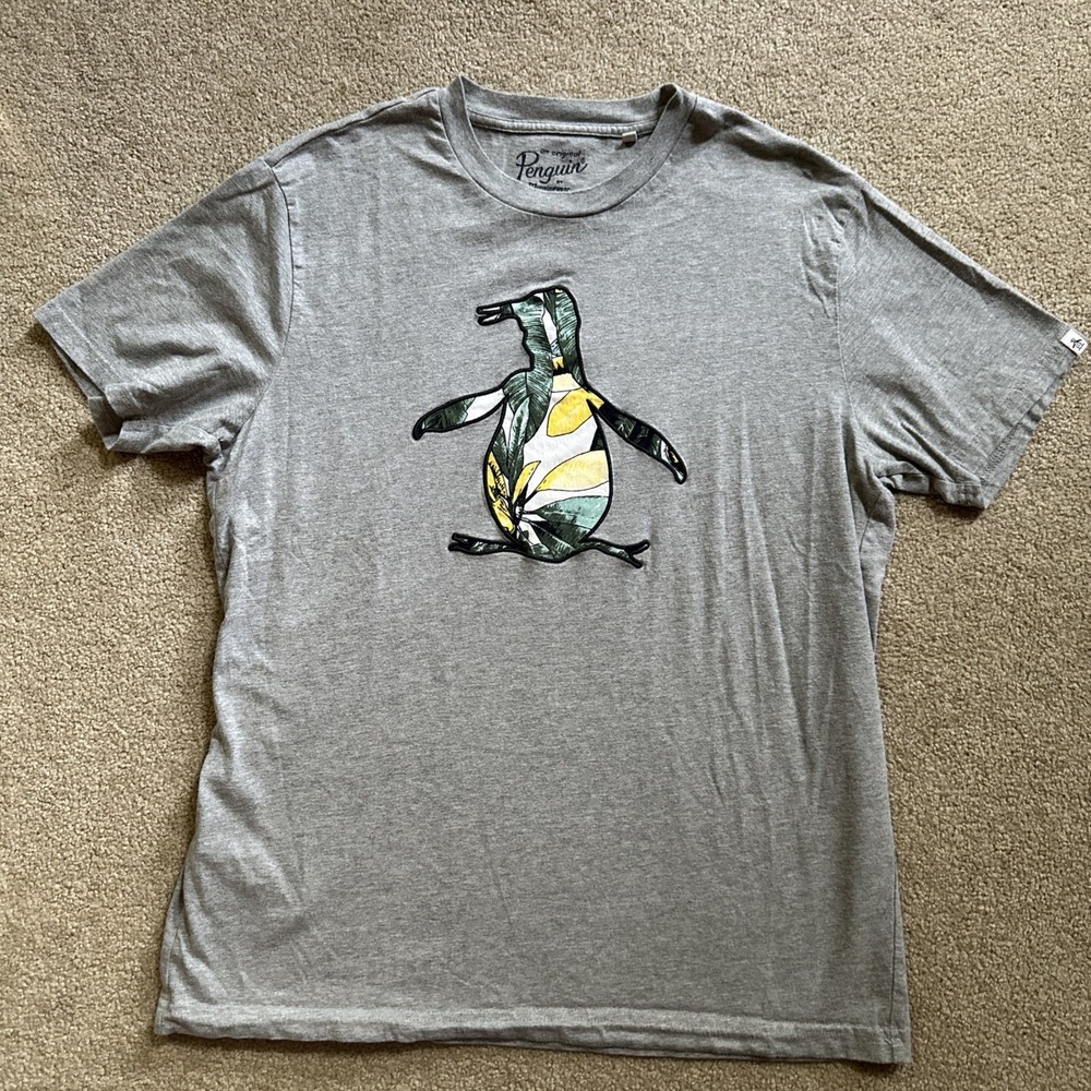 Original Penguin Tee Shirt Mens Gray Short Sleeve Logo Organic Cotton Tropical L